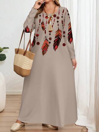 EMERY ROSE Robe longue vintage à manches longues, col rond et imprimé plumes minimaliste, pour femmes grandes tailles. Convient pour l'automne/hiver