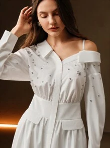 Anewsta Robe chemise sans manches avec clous pour femmes, robe élégante à une seule épaule avec manches longues, légère et de luxe pour le trajet quotidien