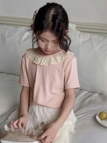 DAZY 青少年女孩圆领蕾丝拼布针织短袖 T 恤，秋季服装，返校服装