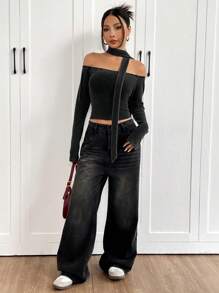 SHEIN EZwear Women's Off-Shoulder Distressed Acid-Washed T-Shirt With Scarf - Black - View 3
