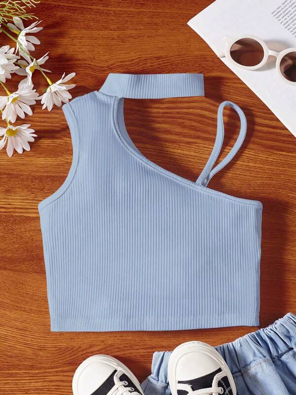 SHEIN Tween Girl Plain Asymmetrical Collar Ribbed Casual Tank Top