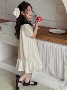 Dazy Kids Tween Girl Colorblock Doll Face Bow Decor Woven Short Sleeve Dress, Summer,Back To School Clothes