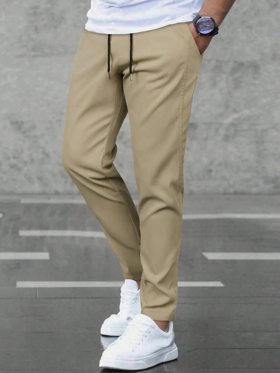 Manfinity Homme Men's Solid Color Casual Simple Fashion Trousers, Daily Wear, Fall - Khaki - View 1
