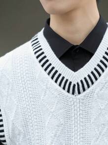 Claim Dot 男士休闲宽松条纹 V 领毛衣背心秋冬款 - 黑與白 - 查看 6