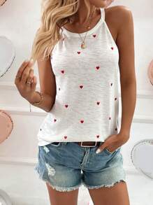 SHEIN LUNE Valentine's Day 1pc Women's Spring Heart Print Sleeveless Tank Top, Valentine's Gift - Red and White - View 4
