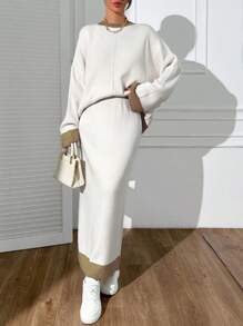 EURMUSE Women Round Neck Drop Shoulder Pullover & Sweater Skirt Set - Multicolor - View 5