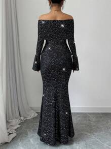 Chiquease 女士优雅亮片露肩领长袖紧身美人鱼下摆两件套服装，秋冬及新年