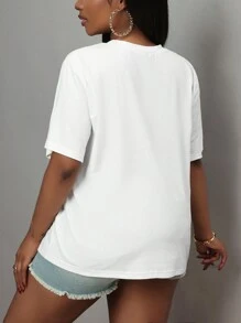 Slaydiva Plus Size Summer 2025 New Style Casual White Short Sleeve All-Match Versatile Abstract Line Pattern Printed T-Shirt