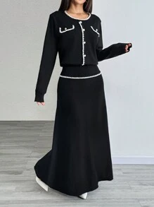 Chiquease 2pcs Women's Elegant Crew Neck Ribbed Knitted Sweater Set - Black - View 7