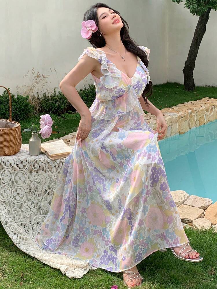 Women's Mid-Length Floral Print Cap Sleeve Mesh Dress Vacation Outfits Women Easter Maxi Dress Boho