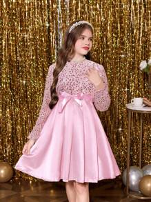 SHEIN Tween Girl Satin Paljett Puffy Tutu kjol, trendig röd - Rosa - Visa 6