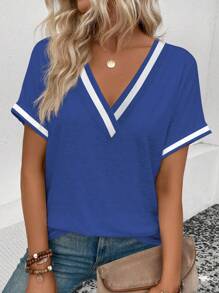 SHEIN LUNE Women Casual Contrast Color Trim Batwing Sleeve T-Shirt