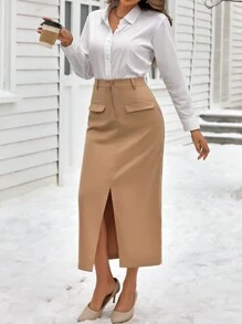 INAWLY Jupe grande taille kaki fendue devant pour le bureau/le travail, style décontracté - Kaki - Voir 3