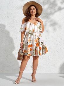 SHEIN VCAY Plus Size Women Boho Floral Print Cold Shoulder Ruffle Trim Casual Dress For Vacation, For Summer - Orange - View 5