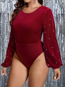 SHEIN Clasi Bodys de mujer de talla grande de unicolor de terciopelo con cuello de perlas