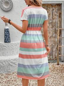 Faunlyn Vestido casual de mujer con rayas, cordón en la cintura y bolsillo en diagonal para el verano - Azul Marino - Ver 2