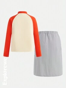 SHEIN Teen Girls Mountain Graphic Print Contrast Color Raglan Sleeve Top And Mini Skirt Casual 2 Pieces Set - Beige - View 2