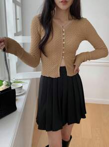 DAZY Solid Color Textured Long Sleeve V-Neck Elegant Resort Blouse For Women, Spring/Summer,Fall Clothes