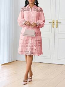 SHEIN Lady Spring And Summer Casual Elegant Work  Contrast Lace Shirt Dress Tunic Dress Midi Women Dresses - Dusty Pink - View 3