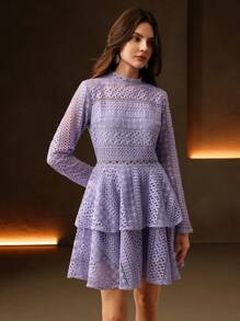Anewsta Elegant Lace Waist-Cinched Round Neck Ruffle A-Line Short Dress, Lavender - Mauve Purple - View 5