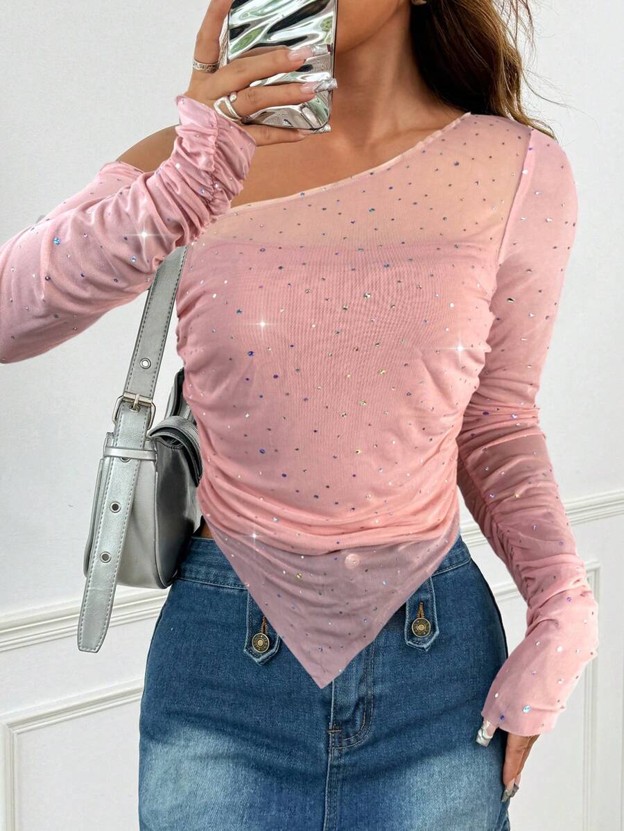 SHEIN Unity Áo thun dài tay lệch vai màu trơn đính đá trang trí cho nữ, trang phục thường ngày - Màu Hồng baby - Xem 1