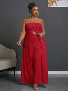 Slaydiva Plus Size Women 2 Pieces Set - Tropical Print Sleeveless Cropped Front-Slit Flowy Top & Solid Black Maxi Wide Leg Pants, For Everyday, Holiday And Elegant Wear, Spring/Summer