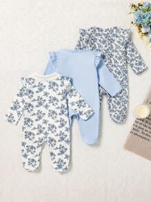 3pcs Baby Girl Floral & Butterfly Embroidered Collar Footed Romper Set, Soft Light Blue - Baby Blue - View 2