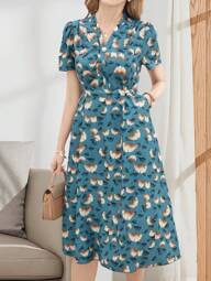 EMERY ROSE Women Elegant V-Neck Tie Up Short Sleeve Mid-Length Casual Dress