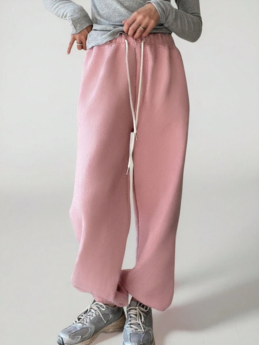INAWLY Women Plush Fleece Solid Color Drawstring Waist Straight Leg Loose Casual Sweatpants Fall Cloth For Women - Pink - View 1