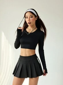 Easithlete 女士纯色长袖简约修身休闲运动 T 恤和背心套装 - 黑色 - 查看 6