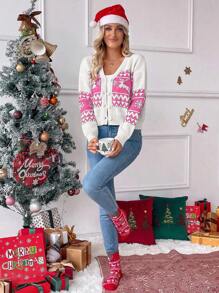 Chiquease Suéter de Cardigan de Manga Larga con Cuello en V y Hombros Caídos, de Punto con Diseño de Renos Navideños