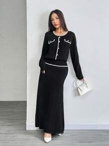 Chiquease 2pcs Women's Elegant Crew Neck Ribbed Knitted Sweater Set - Black - View 4