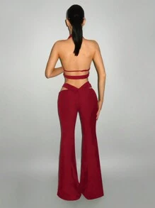 SHEIN ICON 2 件套女士扭纹交叉露背镂空修身上衣 - 紅色 - 查看 2