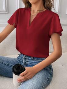 SHEIN Essnce Women's Plain Notch Collar Casual/Work Shirt - Burgundy - View 3
