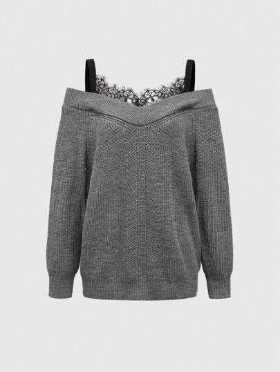 Pull ample à épaules dénudées en dentelle contrastée, élégant et sexy, pour femmes