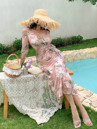 DAZY 女士印花修身收腰中长连衣裙度假装扮