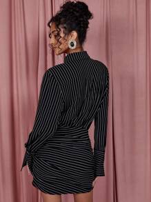 COSMINA Women Striped Long Sleeve Ruffle Hem Fashion Mini Dress - Grey - View 2