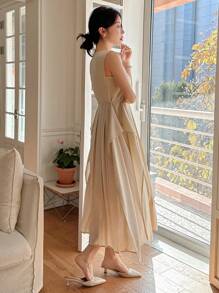 DAZY Robe mi-longue élégante pour femmes, de couleur unie, avec un ourlet plissé et sans manches, pour les jours ensoleillés