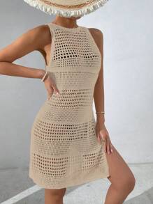 Breezaya Women's Vacation Solid Color Round Neck Side Slit Hollow-Out Hem Cover-Up Dress, For Summer Beach