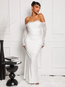 SHEIN SXY 性感蕾丝拼布露肩缎面连衣裙 - 白色 - 查看 6