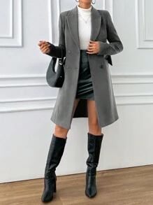 EURMUSE Lapel Neck Double Breasted Woolen Overcoat - Dark Grey - View 3
