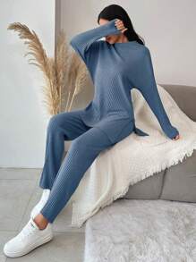 EURMUSE Conjunto de 2 piezas de algodón con top y pantalones de unicolor y diseño simple - Celeste - Ver 6