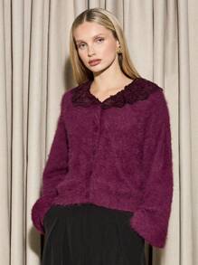 AiiRZ Fluffy Knit Button Front Cardigan With Elegant Lace Collar Balloon Sleeve Cozy Fall Winter Sweater Jumper Holiday Party - Red - View 1