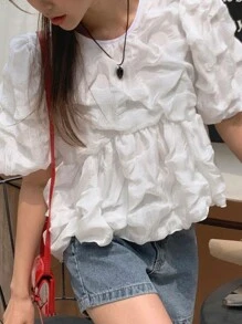 DAZY Women's Round Neck Puff Sleeve Pullover Short Sleeve Blouse, White, Spring/Summer Cute Tops