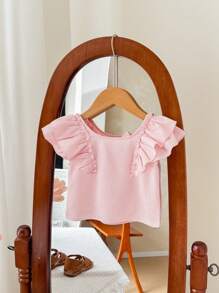 SHEIN LMoss Kids Baby Girl LMoss Summer Vacation Cute Solid Color Ruffle Trim Blouse