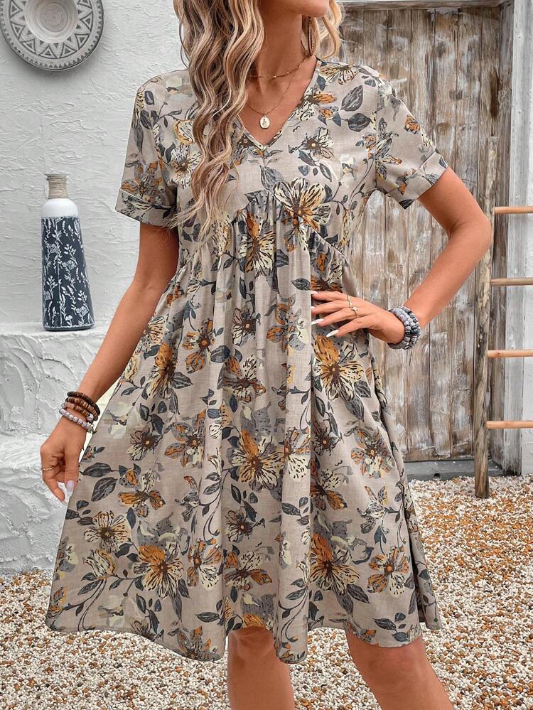 Plus Size Women Summer Floral Print V-Neck Short Sleeve Country Resort Dress,Gifts For Mother,Summer Holiday,Vacation Outfits Women,Simple And Fashionable For Everyday Wear,Vacay Vibes,Springbreak,Casual Wear SS,Bohemia,Summer Dresses For Women,Dresses Casual,Flower