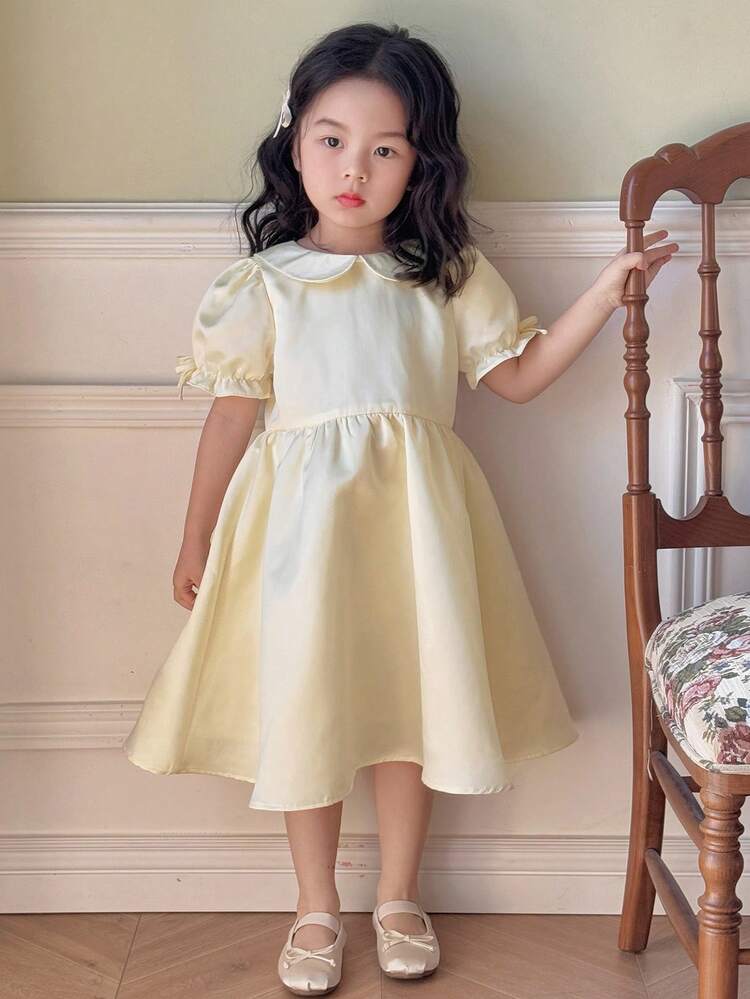 Young Girl Elegant Solid Color Puff Sleeve Dress,Girls Summer Outfits