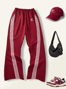 SHEIN 1 pieza Pantalón de chándal con 4 rayas rojas de estilo deportivo para adolescentes, nuevo diseño