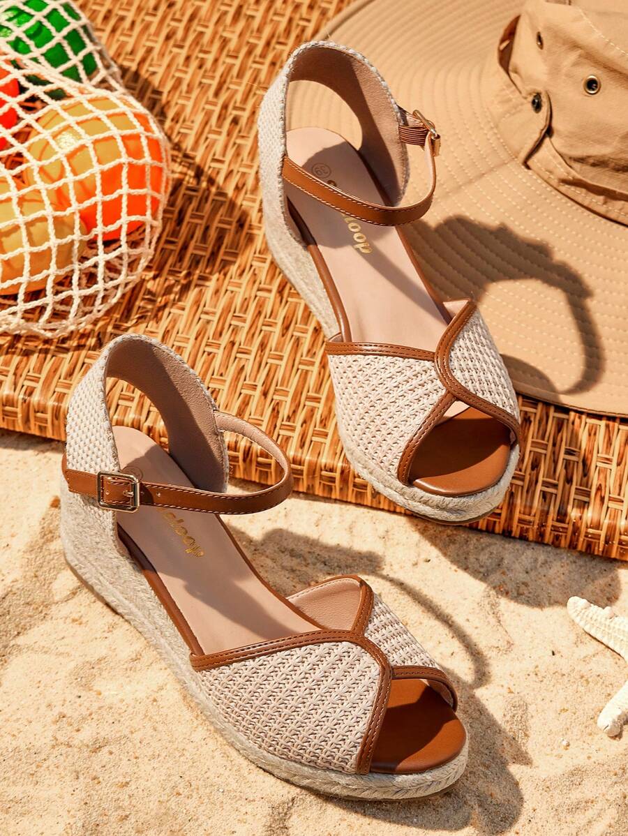 Styleloop 女式编织黄麻绳厚底坡跟凉鞋，波西米亚风格，复古美式西部音乐节派对装 - 杏色 - 查看 1