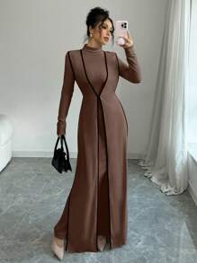 Elenzga Bộ 2 món: Váy nhung dệt kim cổ cao viền màu dài cho nữ - màu nâu - Xem 6